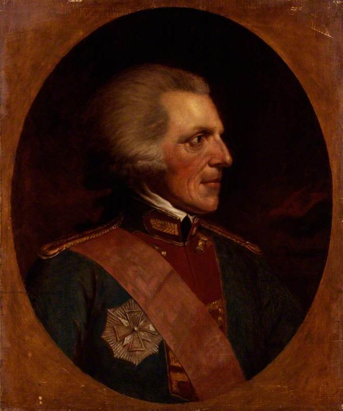 Color photograph of a painting of an older white man in military court clothes from the 18th century. He wears a gray wig and is looking to the viewers left. 